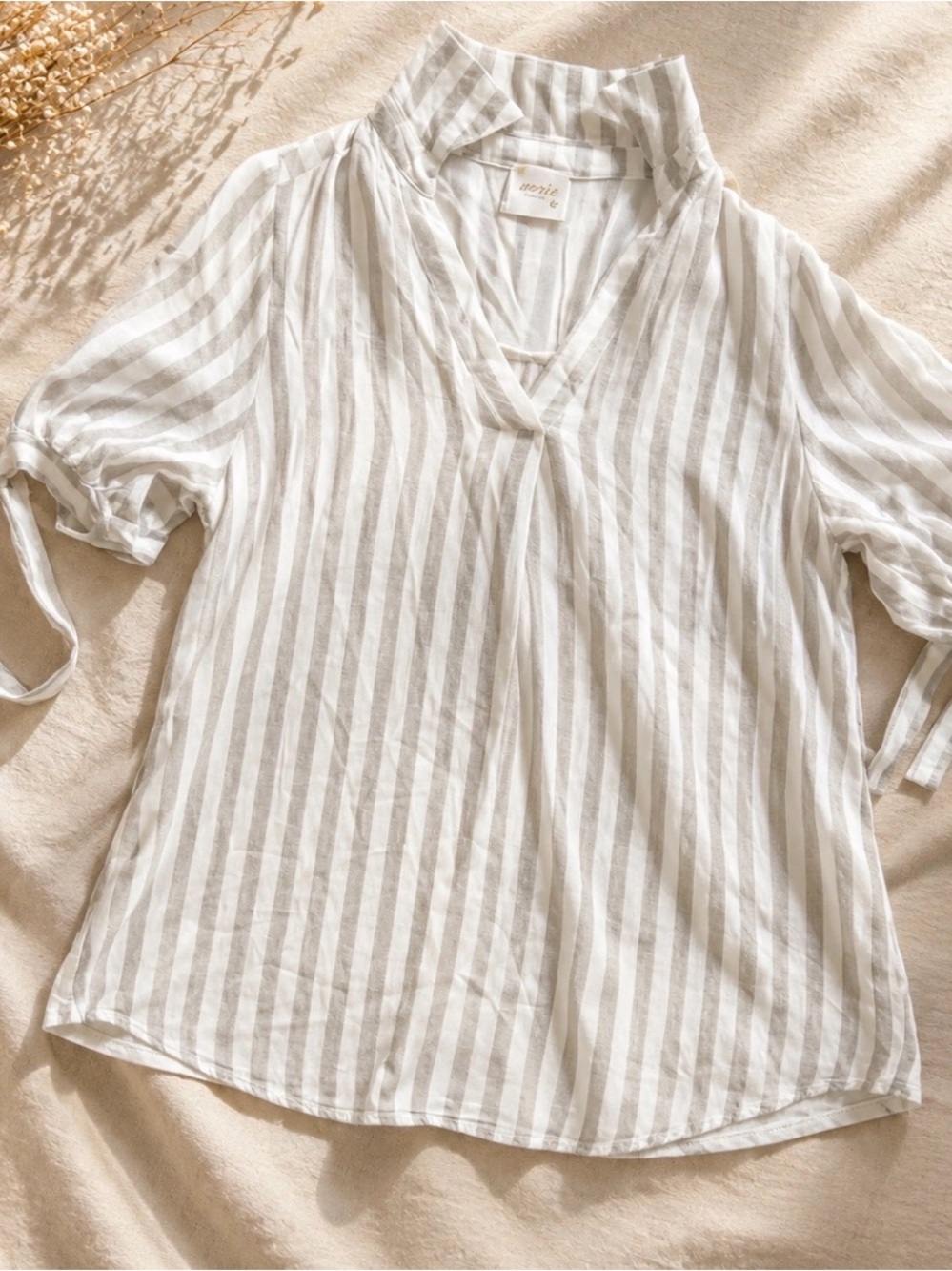 Serena & Lily Cream and Light Gray Striped V-Neck Blouse